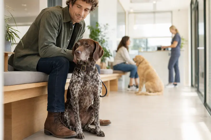 Ein Bourbonnais-Vorstehhund sitzt ruhig neben seinem Besitzer im hellen Wartezimmer einer Tierarztpraxis.